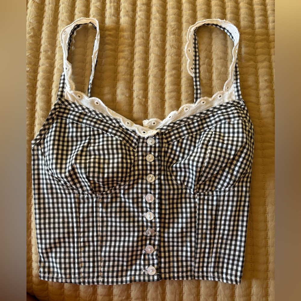 Black and White Gingham Top with Lace Trim
